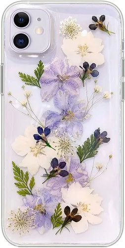 Miniatura 11 de Abbery Funda transparente para iPhone 11 con diseño de flores moradas, bonita funda protectora de silicona suave TPU real seca prensada floral