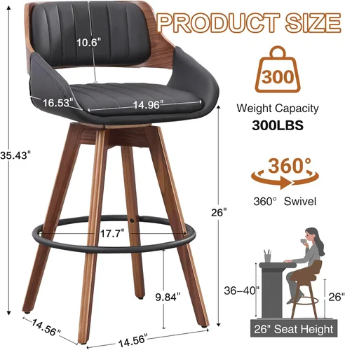 Miniatura 2 de VipDesk Juego de 2 taburetes de bar giratorios, taburetes de bar de altura de mostrador de nogal con respaldo y brazos, sillas de bar tapizadas