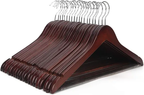 JS HANGER Perchas de madera para traje, paquete de 20 perchas de madera de alta calidad de 17.5 pulgadas con barra antideslizante para pantalones -