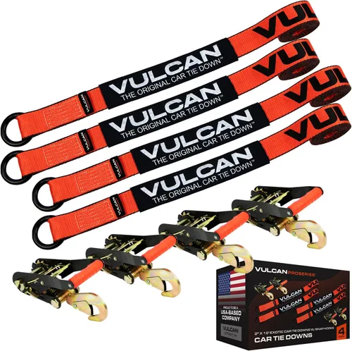 Miniatura 10 de VULCAN Sistema de amarre de llantas de automóvil con trinquetes, 2 x 144 pulgadas, paquete de 4, amarillo clásico, carga de trabajo segura de 3,300