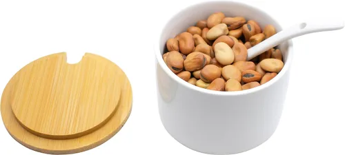 Miniatura 4 de Juego de 3 tarros de cerámica para condimentos en diferentes tamaños con cucharas y tapas de bambú y bandeja (blanco)