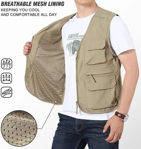 Miniatura 4 de LOUECHY Chaleco de pesca para hombre, chaleco ligero de viaje Safari con múltiples bolsillos