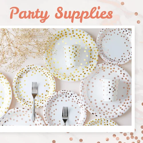 Miniatura 3 de MATICAN Platos de papel para fiestas, paquete de 100 platos desechables blancos y oro rosa, lunares de papel de aluminio, 9 pulgadas Dorado
