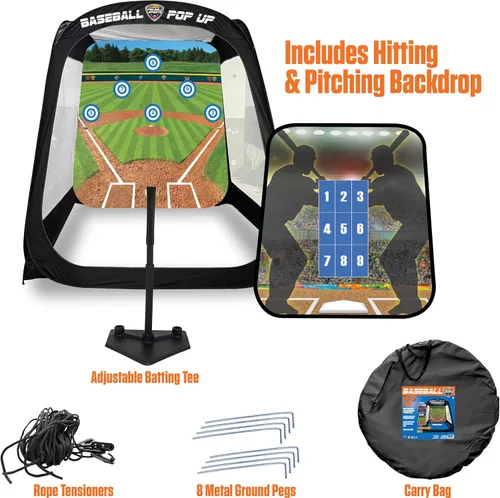 Miniatura 5 de MACCABI Art - Entrenador de práctica de béisbol/softbol emergente de 8 pies con fondo de golpeo y lanzamiento integrado, camiseta de bateo