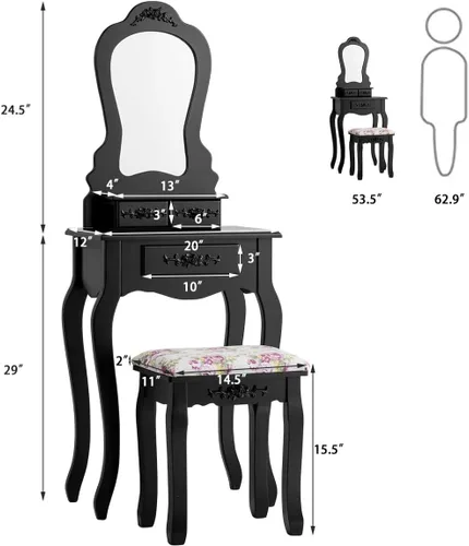 Miniatura 8 de LDAILY Juego de mesa de tocador con taburete acolchado, mesa de maquillaje con espejo transparente y 3 cajones de almacenamiento, escritorio