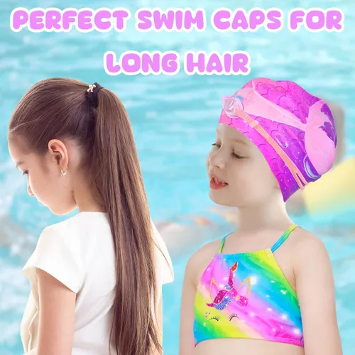 Miniatura 5 de Gorros de natación para niñas, gorro de natación de silicona para niños pequeños, gorros de natación duraderos y cómodos para niñas Sirena púrpura