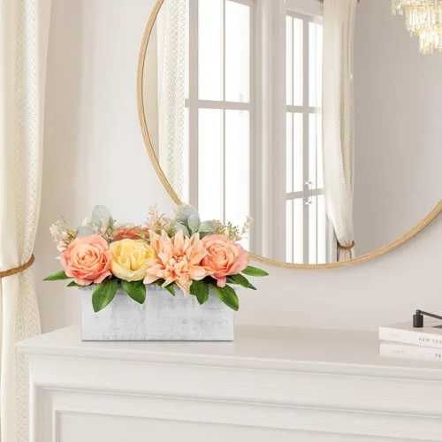 Miniatura 5 de DILATATA Arreglo floral con jarrón de madera, flores artificiales de 10 pulgadas en maceta, flores falsas en jarrón rectangular de madera blanco