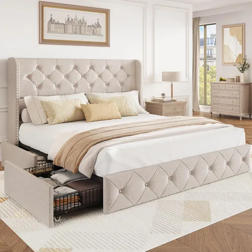 Miniatura 22 de BRELTAM Marco de Cama Tamaño Queen con Cajones de Almacenamiento y Cabecero Wingback Tapizado en Terciopelo Marco de Cama Plataforma Camas Blanco