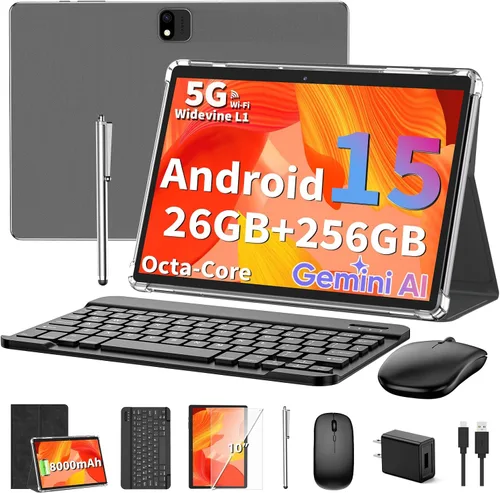 Tablet Android con teclado, tableta Android 15 de 10 pulgadas, 26 GB+256 GB+2 TB expandir, tabletas 2 en 1 con 8 núcleos, WiFi 5G, 8000 mAh, BT5.0,