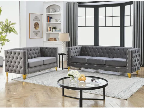 Miniatura 11 de KEIKI Sofá de terciopelo copetudo de 2 plazas para sala de estar, sofá con brazos cuadrados copetudos para apartamento en el hogar, color beige