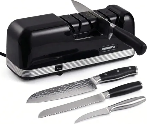 Wanvoapls Afilador de cuchillos eléctrico: Afilador de cuchillos de 3 etapas para cuchillos de cocina con seguridad de grado profesional, que ofrece