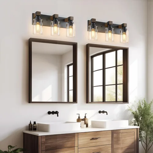 Miniatura 5 de Accesorios de iluminación de baño de granja, luces de tocador rústicas de 3 luces en madera para baño, iluminación de apliques de pared vintage