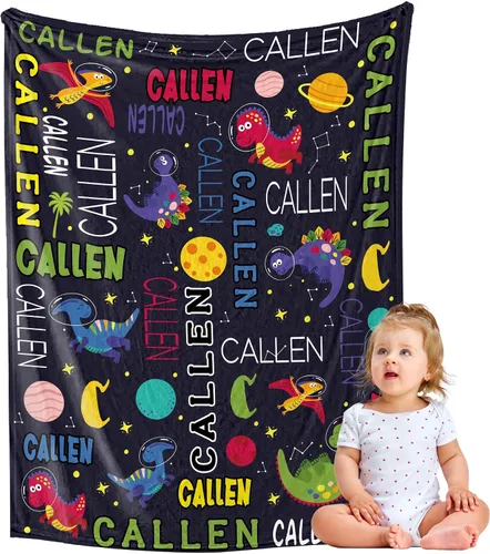 YESCUSTOM Manta de dinosaurio para niños y niñas, manta personalizada de vellón con nombre para decoración de dormitorio de niños, sofá, coches,