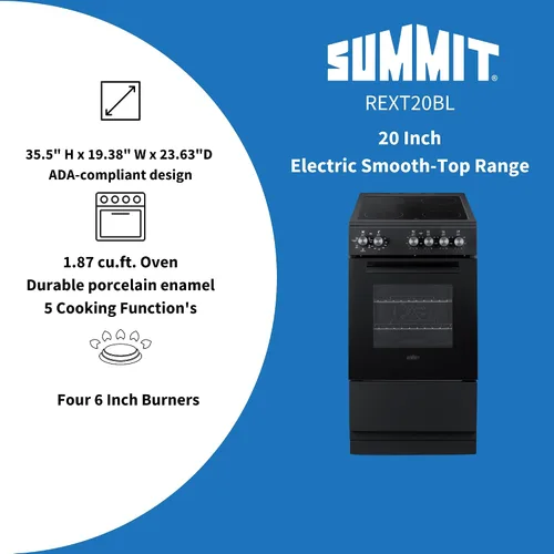 Miniatura 4 de Summit 20” Rango Eléctrico de Superficie Lisa, horno de 1.87 pies cúbicos, Cumple con ADA, Negro - REXT20BL (Negro, 20 Pulgadas)