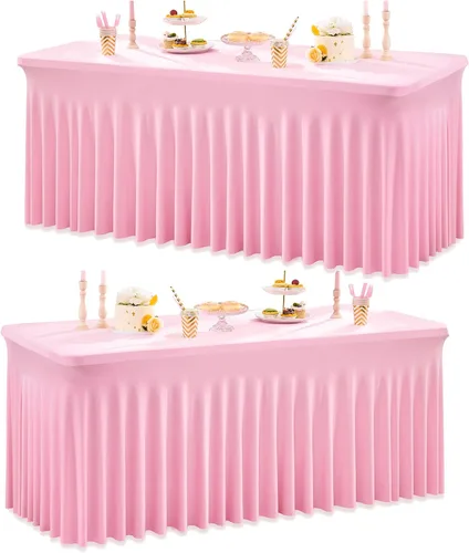 Miniatura 87 de Paquete de 2 manteles de spandex para mesas rectangulares de 8 pies, mantel elástico rosa de 8 pies, manteles ajustados, falda de mesa para fiestas
