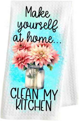 Hazte en casa Clean My Kitchen - Toalla de cocina divertida toalla de cocina. Toalla de microfibra blanca con tejido de gofre. 16 x 24 pulgadas.