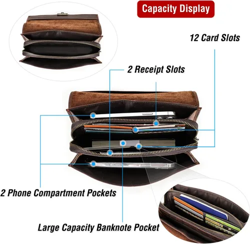 Miniatura 5 de Funda de piel de grano superior para hombre y mujer, múltiples bolsillos/ranuras, RFID de gran capacidad para tarjetas, cheques, dinero, pasaporte
