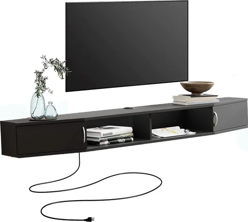 WAMPAT Soporte flotante de TV con estación de carga para televisores de 32 a 80 pulgadas, estante flotante para debajo de la TV, centro de Negro