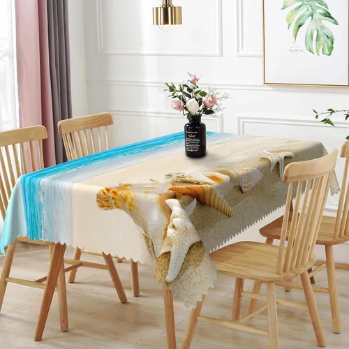 Miniatura 10 de Mantel oblongo, diseño de playa de 52 x 70 pulgadas, diseño de playa con estrellas de mar y olas de mar, con decoración impermeable y resistente a