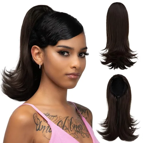 Miniatura 15 de Extensión de cabello corto negro con cordón para mujeres negras, cola de caballo recta de 14 pulgadas con rizos finales, postizos sintéticos