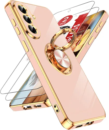 Miniatura 11 de LeYi Funda para Samsung Galaxy S22 Ultra con soporte de anillo giratorio de 360°, soporte magnético, chapado en oro rosa, borde protector para Negro