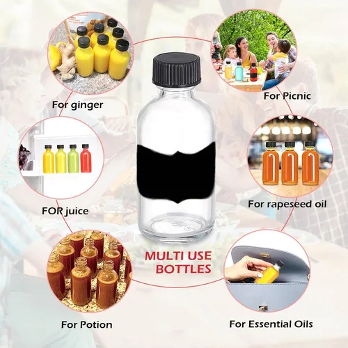 Miniatura 3 de Botellas pequeñas de vidrio de 4 onzas con tapas y embudos, recipiente redondo Boston de 120ml para shots de bienestar, botellas de muestra de 20PZAS