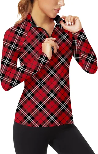 Miniatura 201 de WOWENY Camiseta deportiva de manga larga para mujer, con cremallera de un cuarto, cuello para entrenamiento, camiseta de tenis con estampado