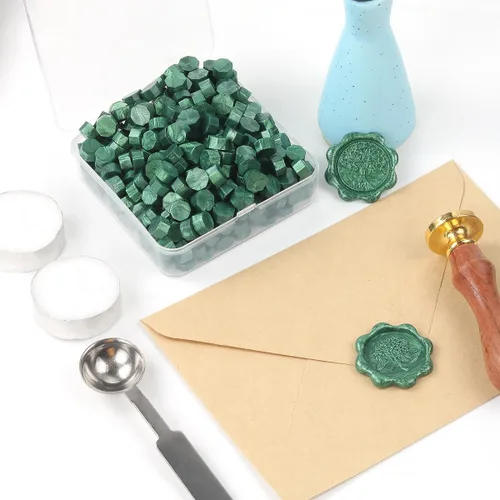 Miniatura 2 de Juego de 300 cuentas de cera de sellado verde pino para sello de cera con velas y cuchara de fusión, perfecto para tarjetas de Navidad, sobres