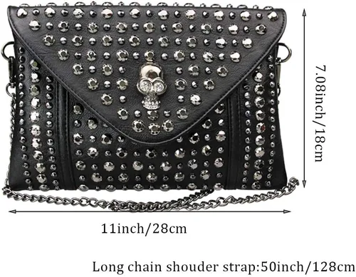 Miniatura 2 de Chikencall Bolso de mano de cuero con tachuelas de calavera punk negro con dos correas