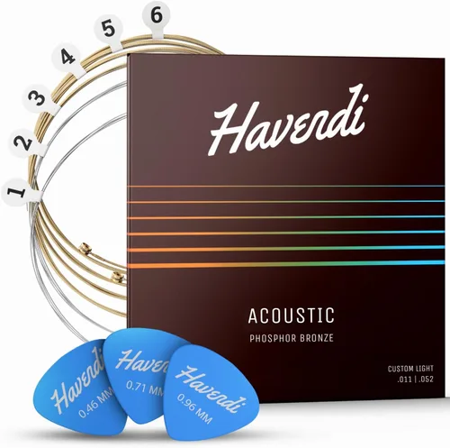 HAVENDI® Cuerdas de guitarra I Cuerdas de guitarra acústica con revestimiento de bronce fosforoso I Calidad de sonido brillante I Incluye 3 púas