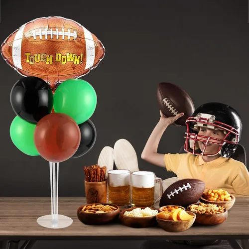 Miniatura 5 de Kit de soporte para globos de fiesta de fútbol 2 juegos con 2 globos de rugby de aluminio tipo bola, centro de mesa temático de fútbol para mesas