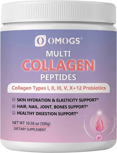 OMOGS Polvo de péptido de colágeno hidrolizado con prebióticos, vitamina C y extracto de arándano, apoya la salud del cabello, la piel, las uñas,