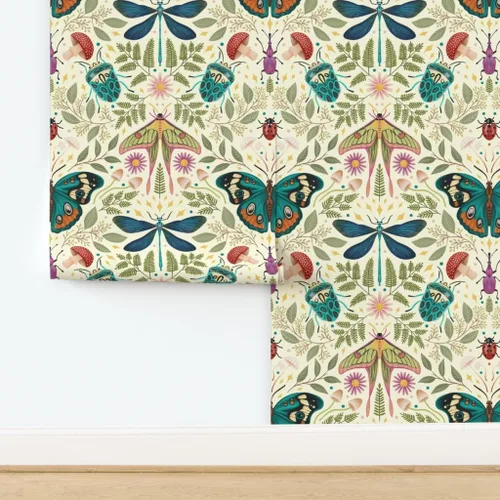 Miniatura 4 de Muestra de papel tapiz extraíble – insecto damasco insecto botánico grande Jumbo polilla mariposa bosque hongo beige verde azul papel pintado
