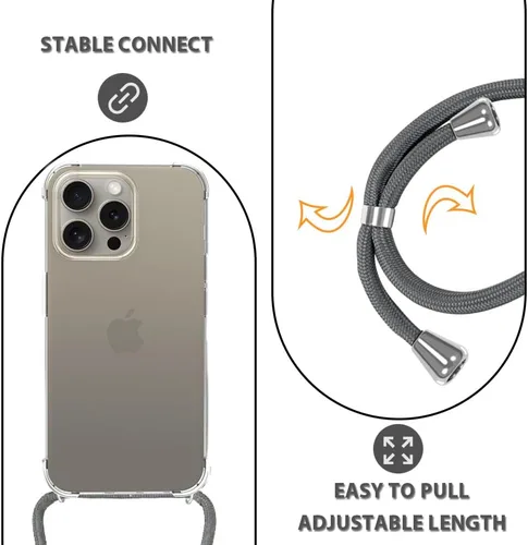Miniatura 4 de Funda con cordón para iPhone 15 Pro Max, funda transparente con correa de cordón ajustable para el cuello, parachoques suave, goma TPU, a prueba