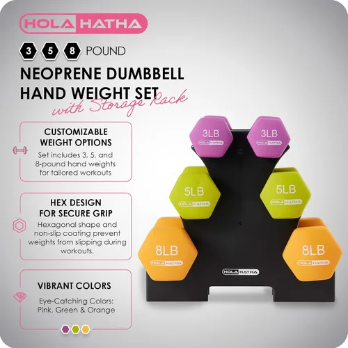 Miniatura 2 de HolaHatha Neoprene Dumbbell Weights Set w/Rack, Home Gym Equipment - Portable Weighted Exercise Dumbbells for Fitness, Training, and Lifting
