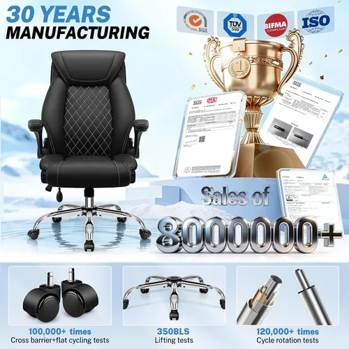 Miniatura 6 de Silla de oficina, silla de escritorio ergonómica grande y alta, silla ejecutiva de cuero para computadora con soporte lumbar ajustable, cómoda silla