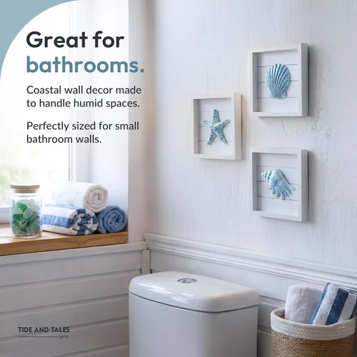 Miniatura 6 de TideAndTales - Arte de pared 3D costero con diseño de conchas y estrellas de mar azules (juego de 3), decoración de pared de playa para baño