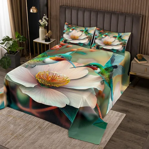 Juego de ropa de cama floral 3D tamaño individual con colibrí, 2 piezas para niños, adolescentes, mujeres, hombres, decoración de habitación,