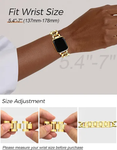 Miniatura 5 de JR.DM Correas de oro para reloj para mujer compatibles con Apple Watch de 46 mm, 42 mm (S3/2/1) 44 mm, 45 mm, 49 mm, pulsera ajustable de cadena Oro