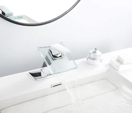 Miniatura 3 de Grifo de baño con salida de agua en cascada, diseño moderno, de un solo mango, un solo agujero, grifo de lavamanos de vidrio, cromado, de latón Cromo