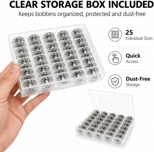 Miniatura 5 de BIDEX 25 bobinas de metal para máquina de coser con caja de almacenamiento, bobinas de clase 15 compatibles con Singer, Brother, Kenmore, Bernina