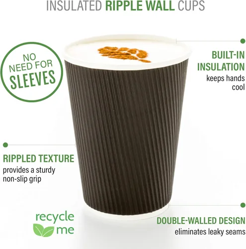 Miniatura 4 de 500 unidades de tazas desechables negras de 4 onzas para bebidas calientes con diseño de pared ondulada: no necesita mangas - Perfectas para Negro