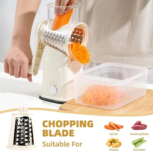 Miniatura 8 de Rallador rotativo de queso con asa, triturador de verduras con 5 cuchillas reemplazables y base de succión fuerte, rebanador redondo de alimentos