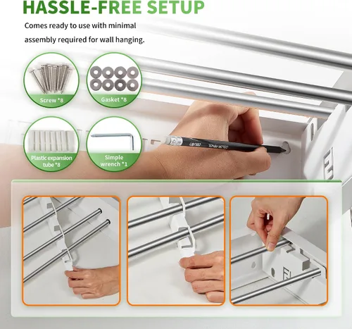 Miniatura 6 de Heshecein - Tendedero plegable para colgar en la pared, 5 varillas de acero inoxidable, estante plegable para ropa y toallas para interiores
