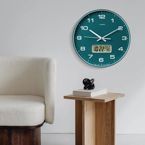 Miniatura 8 de Reloj de pared TIMESS, de 14" con gran esfera silenciosa y sin tictac, funciona con pilas, analógico con pantalla LCD para calendario perpetuo