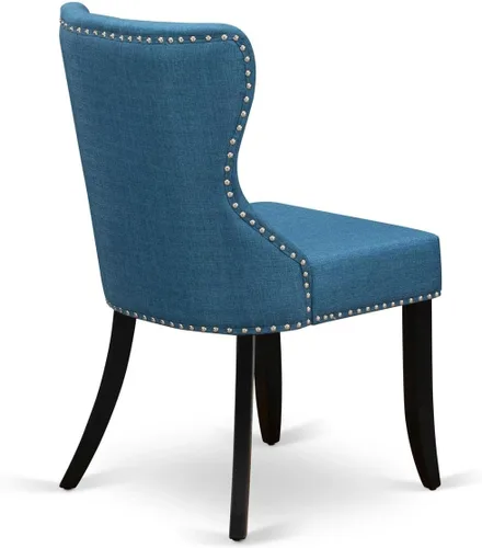 Miniatura 7 de East West Furniture SIP1T21 Sion Parson - Juego de 2 sillas tapizadas de tela de lino azul con ribete de clavos y botones copetudos, color negro