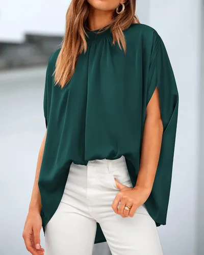 Miniatura 39 de BTFBM Blusas de verano para mujer, cuello alto falso, manga murciélago, holgadas, dobladillo alto y bajo, blusas informales de gran