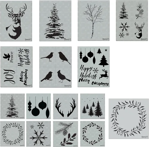 Miniatura 20 de Stencil1 Plantilla de ramas de acebo y hoja perenne – Plantilla de invierno reutilizable para manualidades, decoración de vacaciones, pintura sobre
