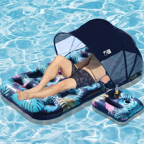 COOLCOOLDEE Flotador inflable para piscina con toldo de sombrilla UPF 50+, flotador extra grande para adultos con reposacabezas, portavasos Púrpura