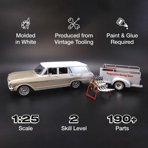 Miniatura 2 de AMT 1963 Chevy II Station Wagon w/Trailer Kit de modelo a escala 1:25